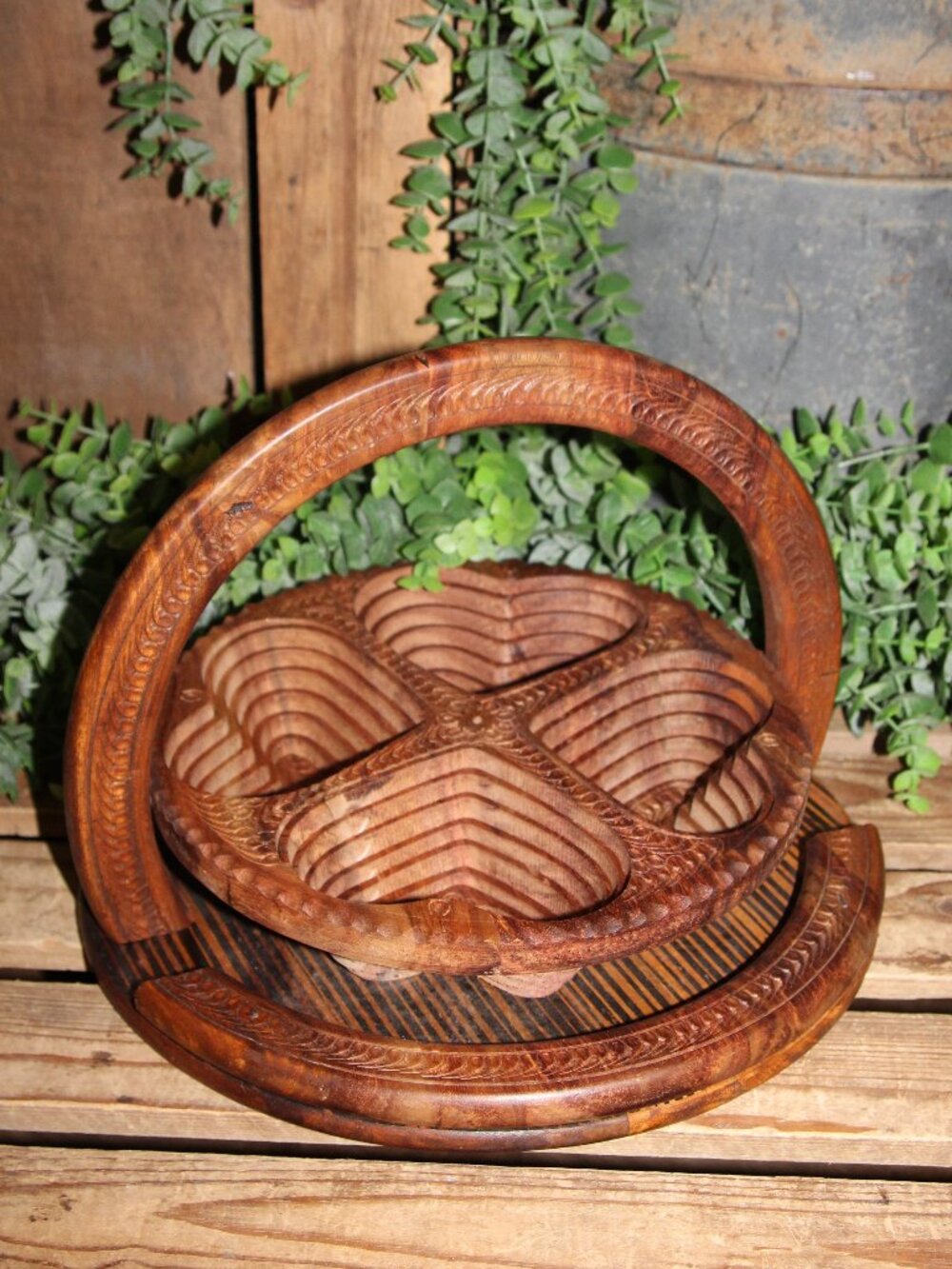 Rustic BOHO Farmhouse Collapsible Rosewood Heart Basket * Trivet